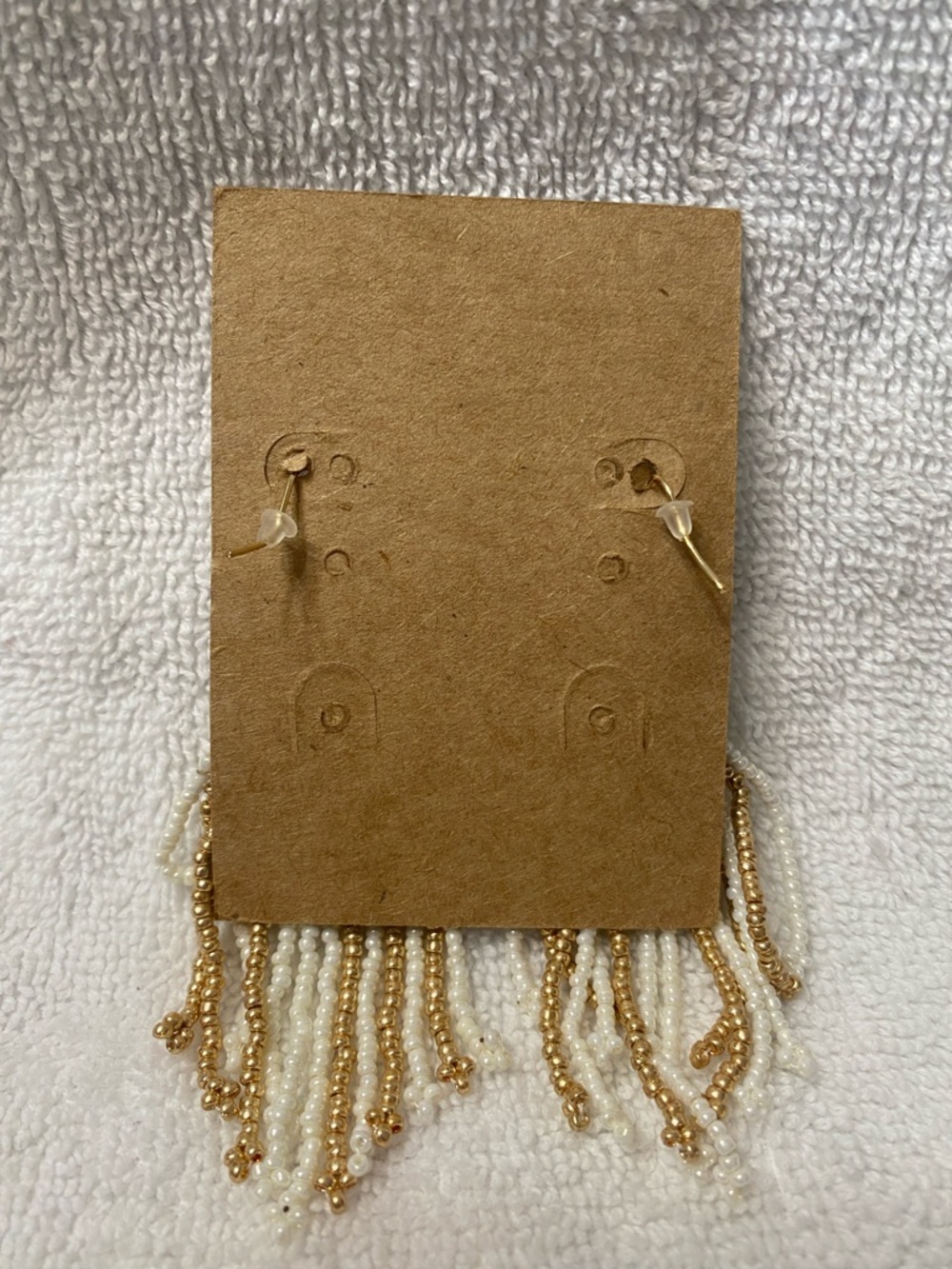 Plunder Beaded Fringe Drop Earrings - White & Gold Tone - Picture 2 of 2